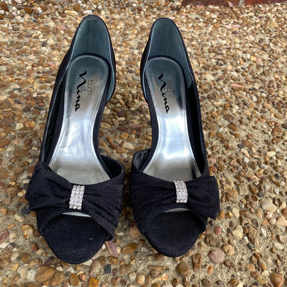 NINA Culver Black Satin Shoes with Rhinestone Bow